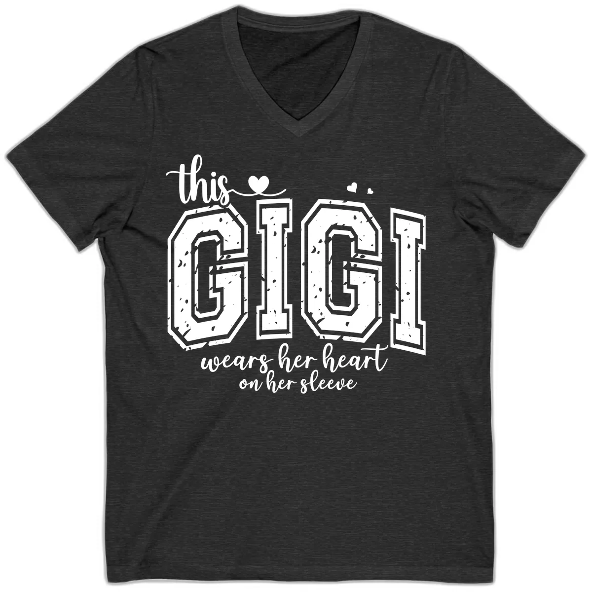 This Gigi Wears Her Heart On Her Sleeve V-Neck in Dark Grey Heather