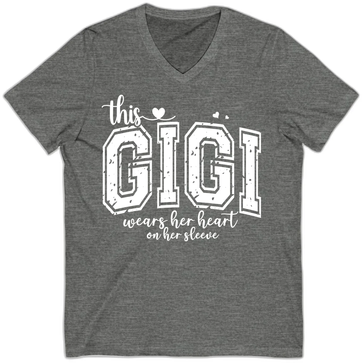 This Gigi Wears Her Heart On Her Sleeve V-Neck in Deep Heather