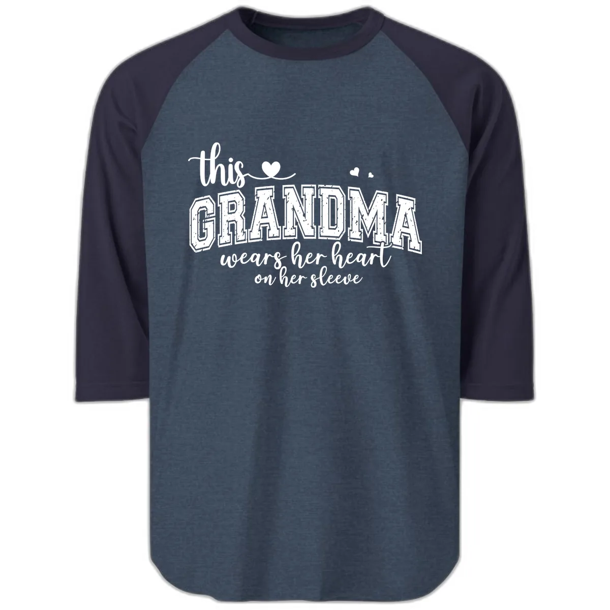 This Grandma Wears Her Heart On Her Sleeve Raglan 3/4 in Heather Denim Navy