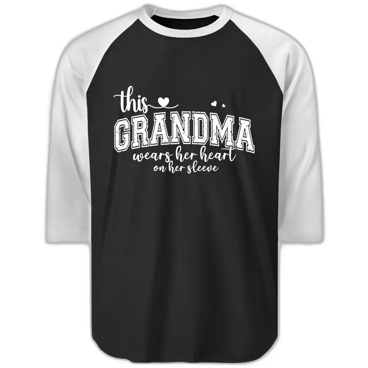 This Grandma Wears Her Heart On Her Sleeve Raglan 3/4 in Black White