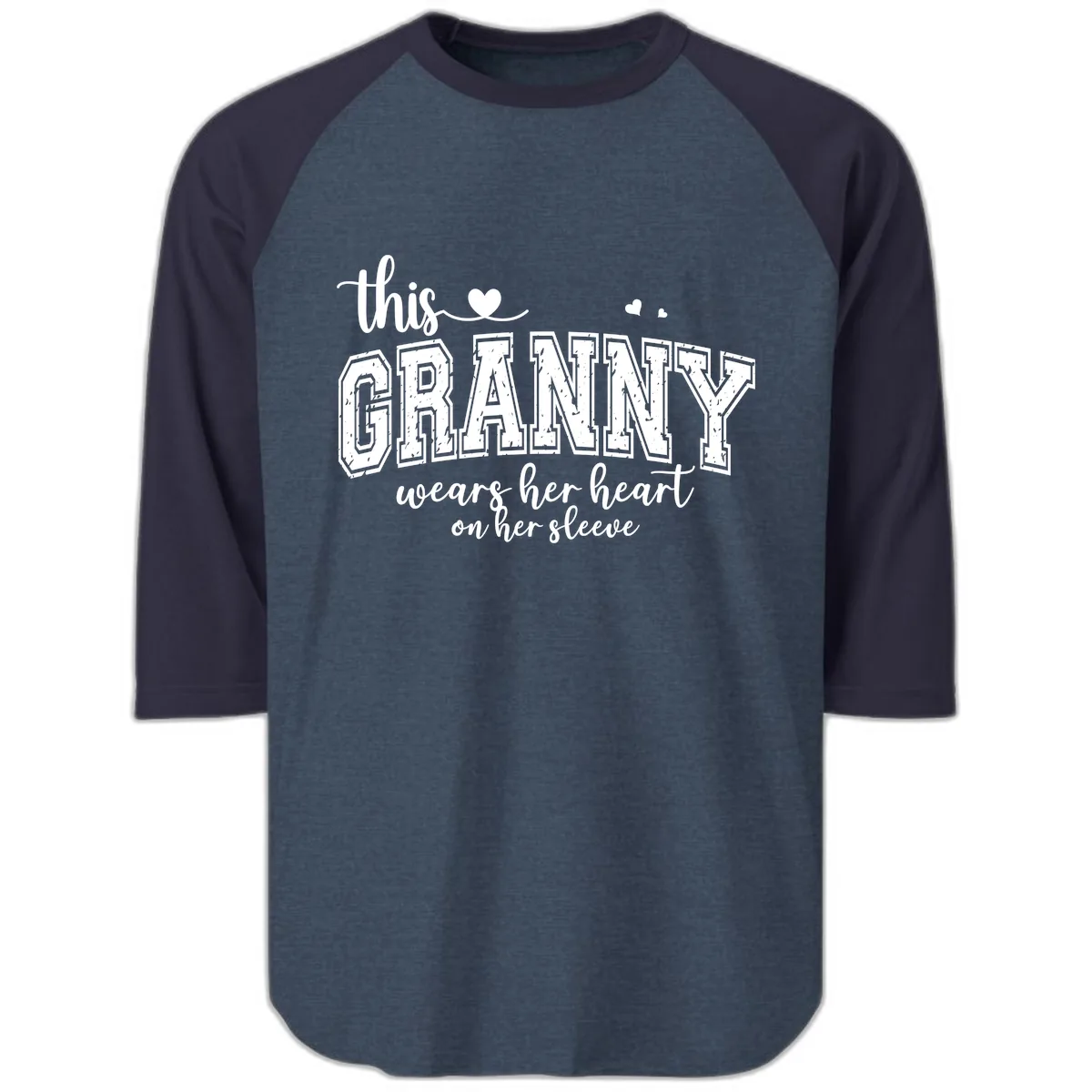 This Granny Wears Her Heart On Her Sleeve Raglan 3/4 in Heather Denim Navy