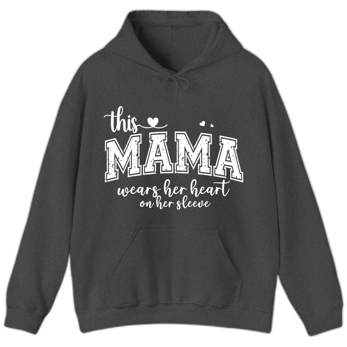 This Mama Wears Her Heart On Her Sleeve Hoodie in Dark Heather