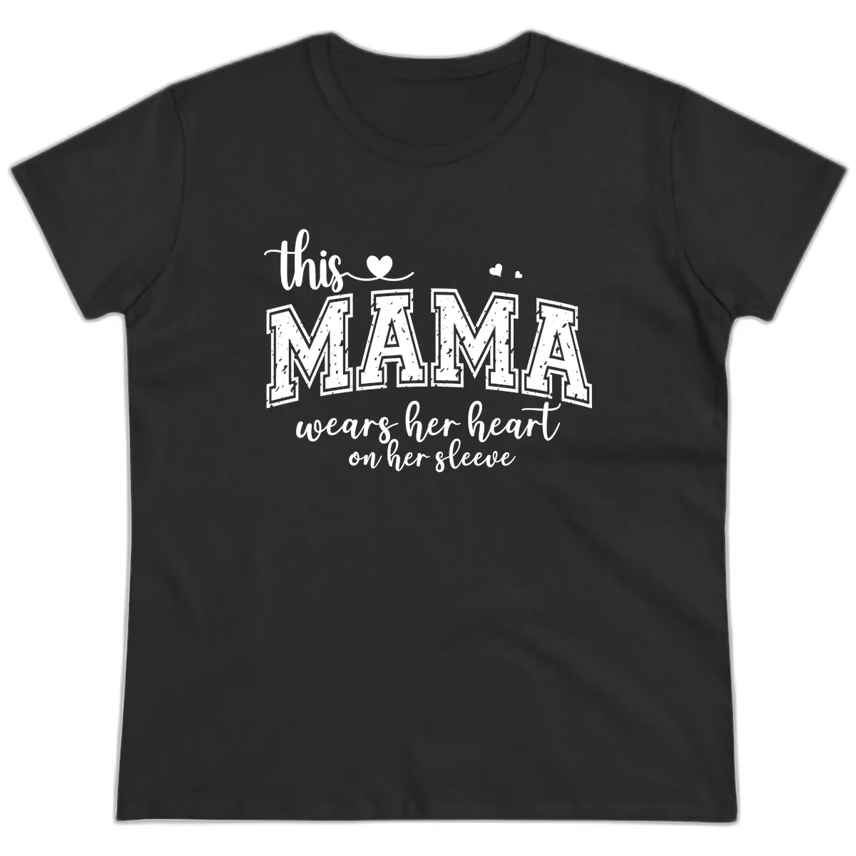 This Mama Wears Her Heart On Her Sleeve Ladies Tee in Black