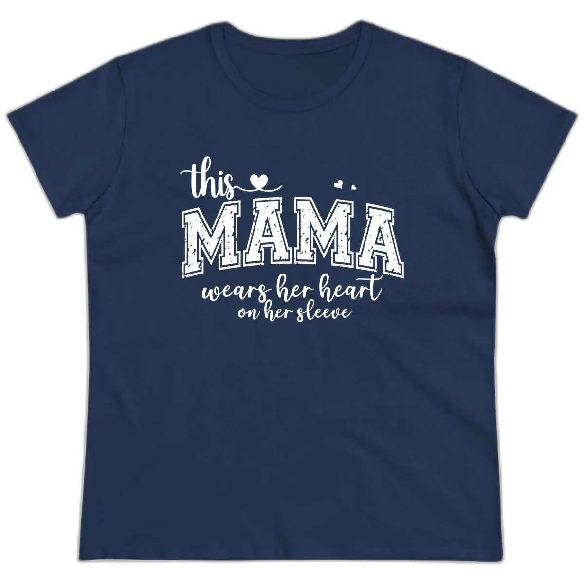 This Mama Wears Her Heart On Her Sleeve Ladies Tee in Navy