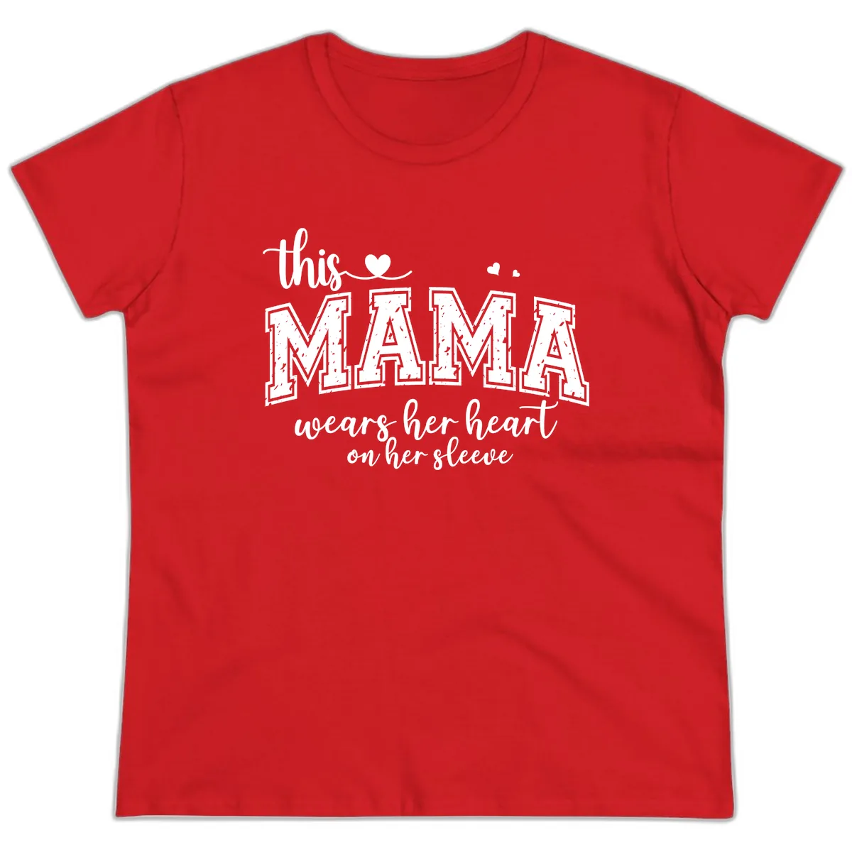 This Mama Wears Her Heart On Her Sleeve Ladies Tee in Red