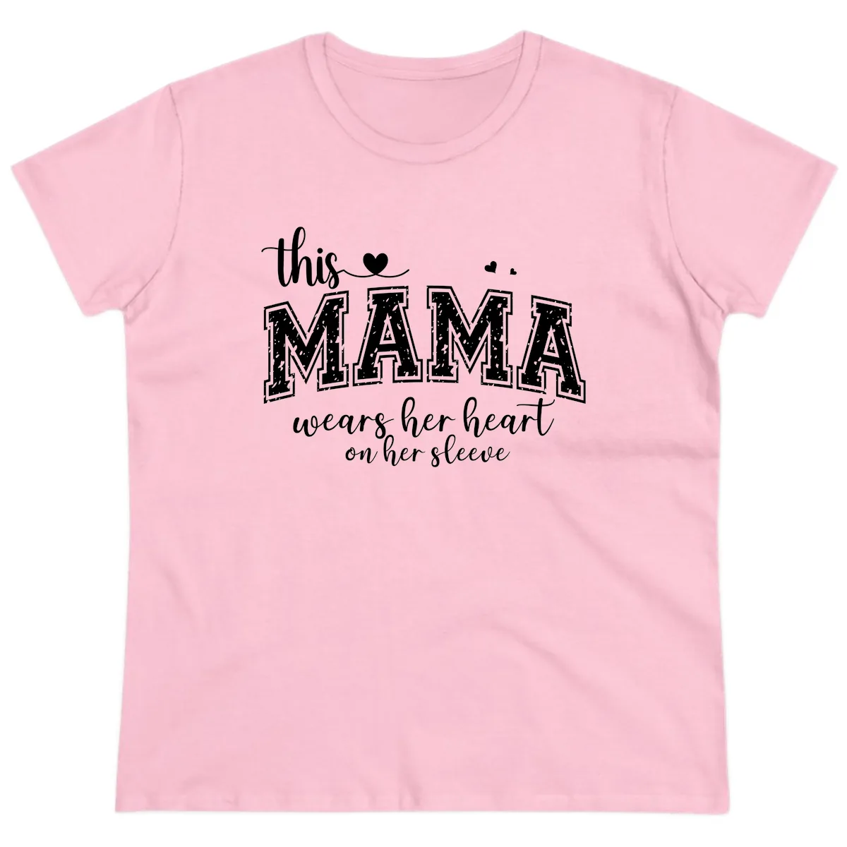 This Mama Wears Her Heart On Her Sleeve Ladies Tee in Light Pink