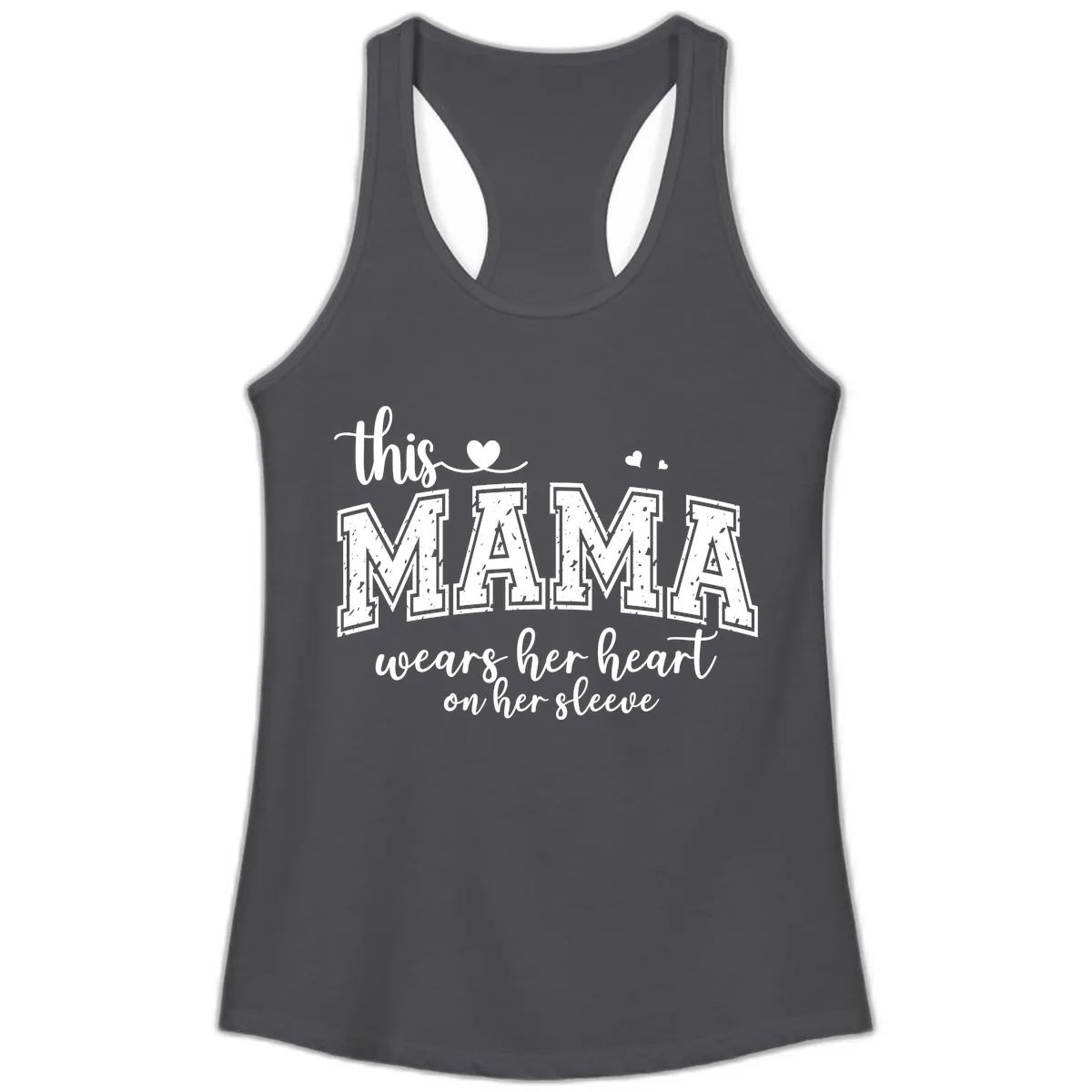 This Mama Wears Her Heart On Her Sleeve Ladies Tank in Solid Dark Gray