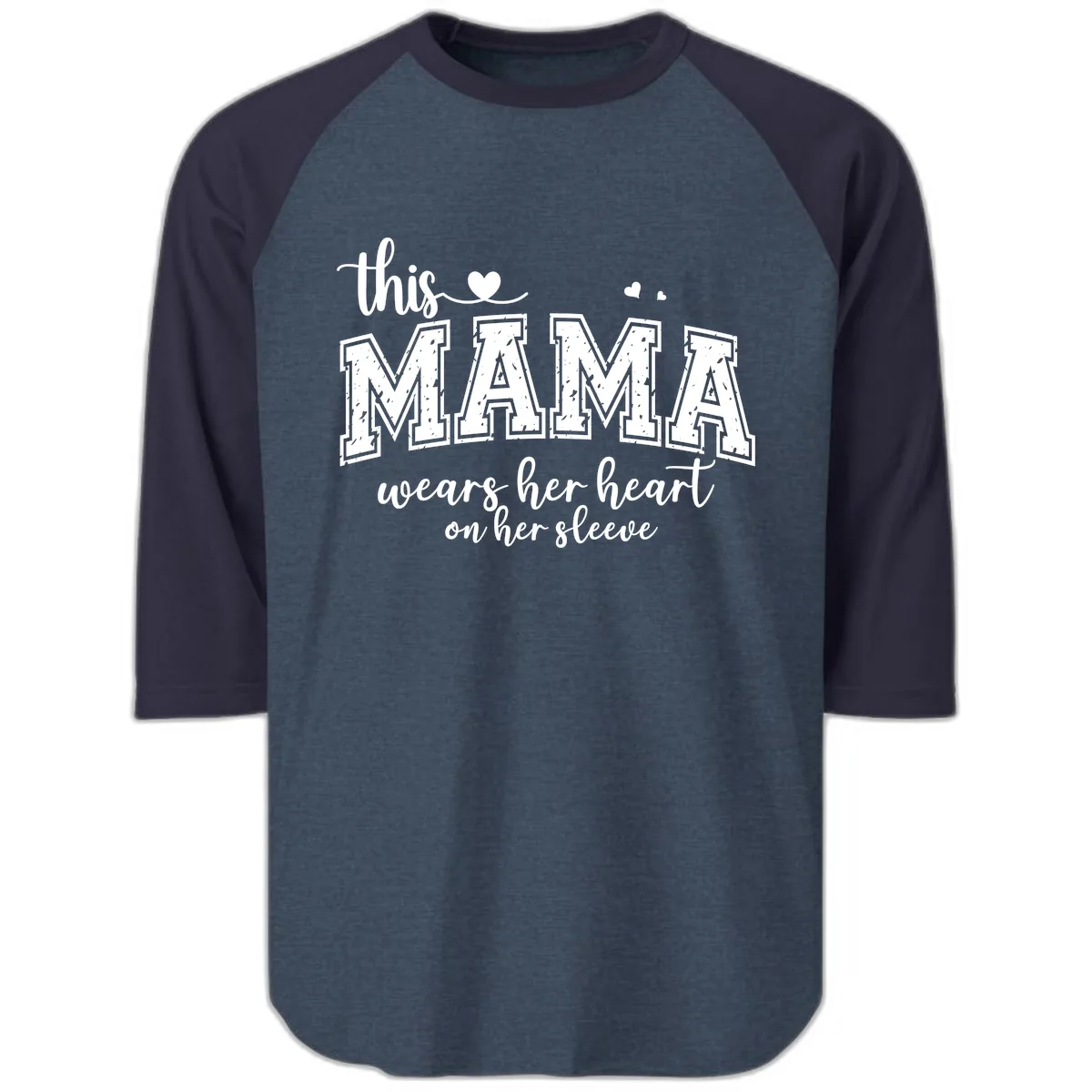 This Mama Wears Her Heart On Her Sleeve Raglan 3/4 in Heather Denim Navy