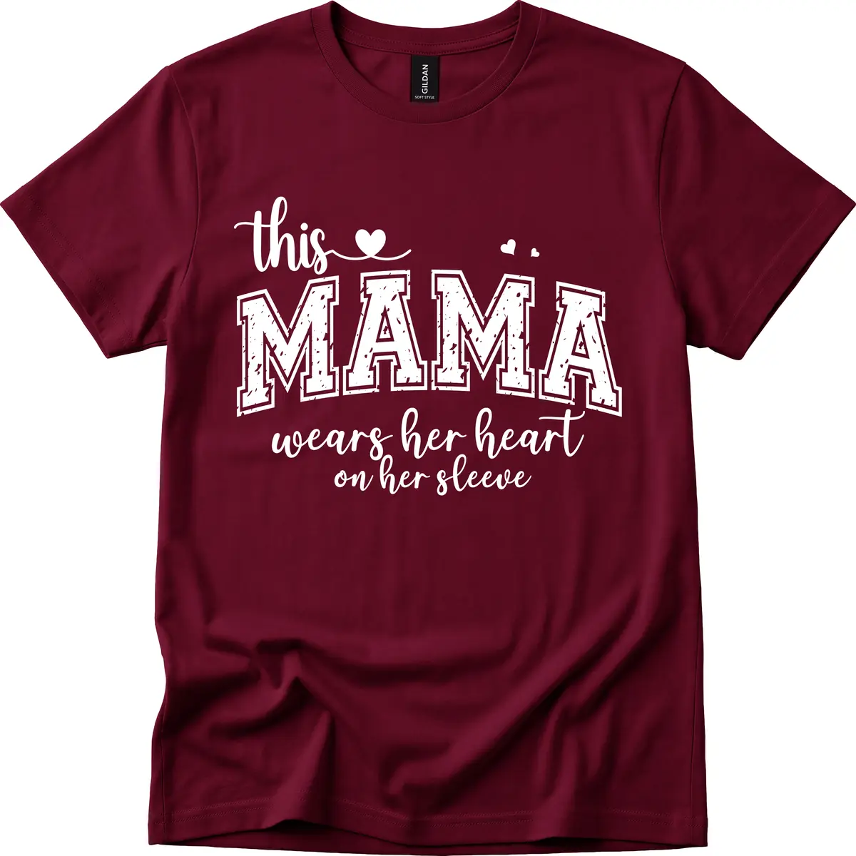 This Mama Wears Her Heart On Her Sleeve T-Shirt in Maroon