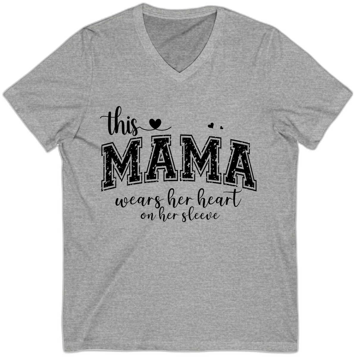 This Mama Wears Her Heart On Her Sleeve V-Neck in Athletic Heather