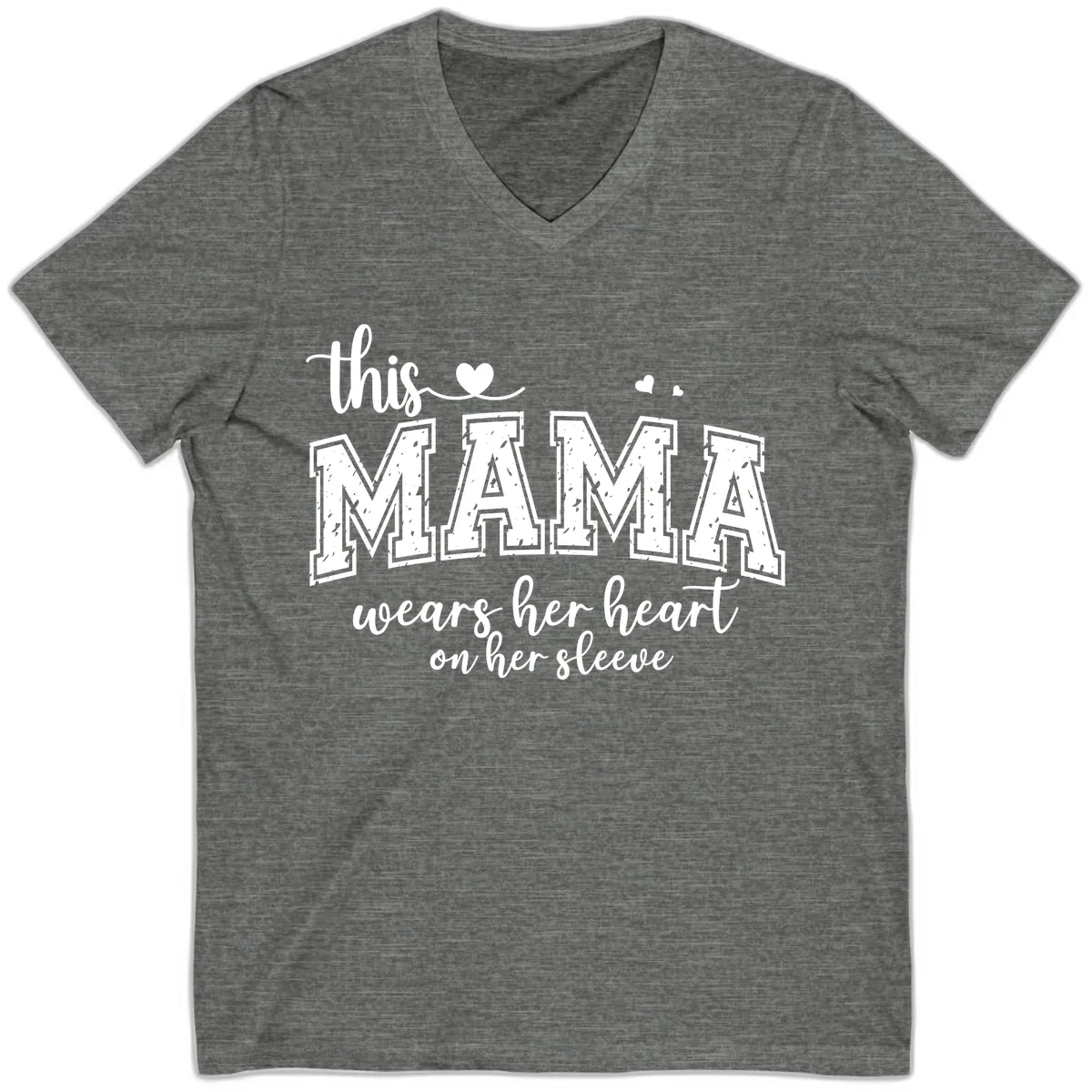 This Mama Wears Her Heart On Her Sleeve V-Neck in Deep Heather