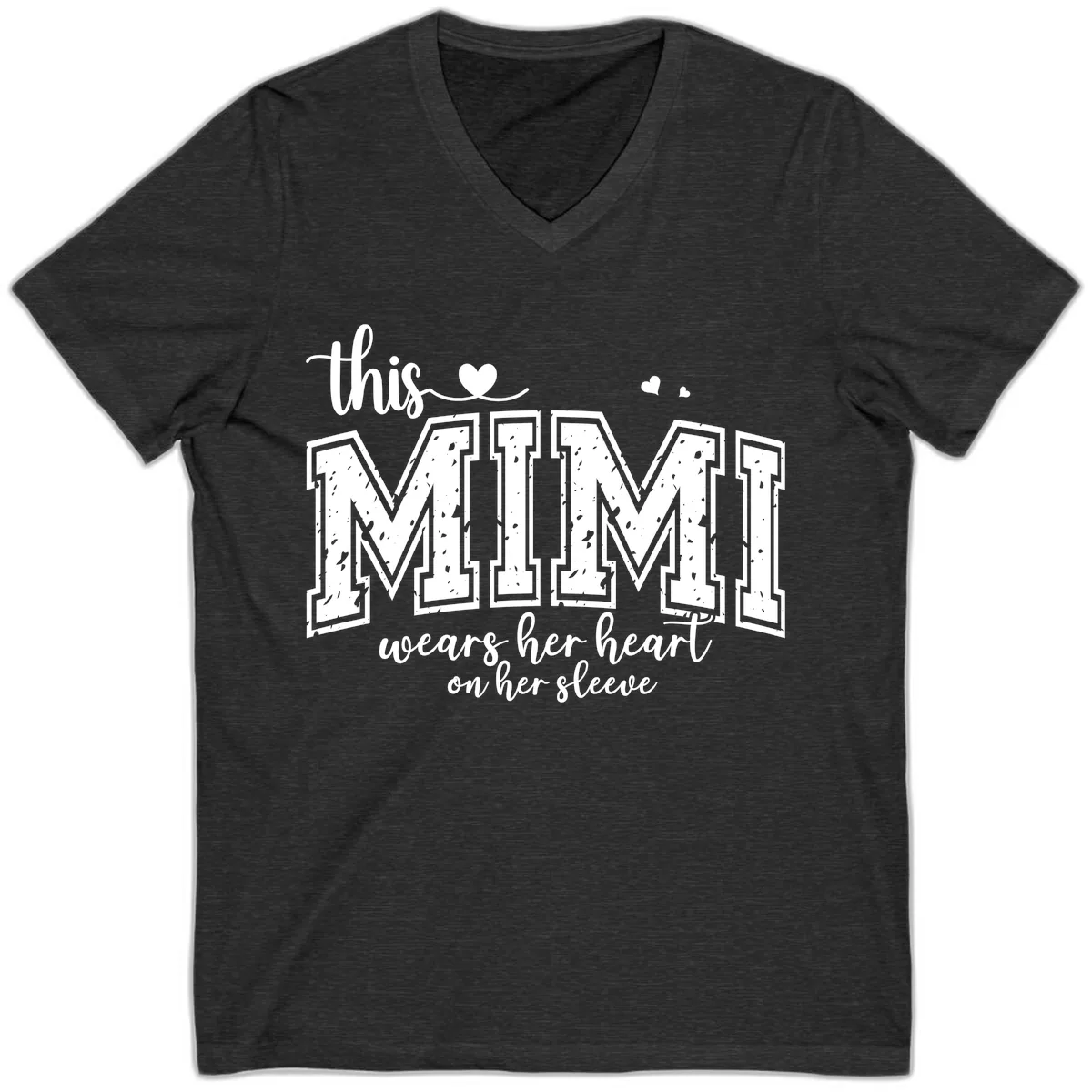 This Mimi Wears Her Heart On Her Sleeve V-Neck in Dark Grey Heather