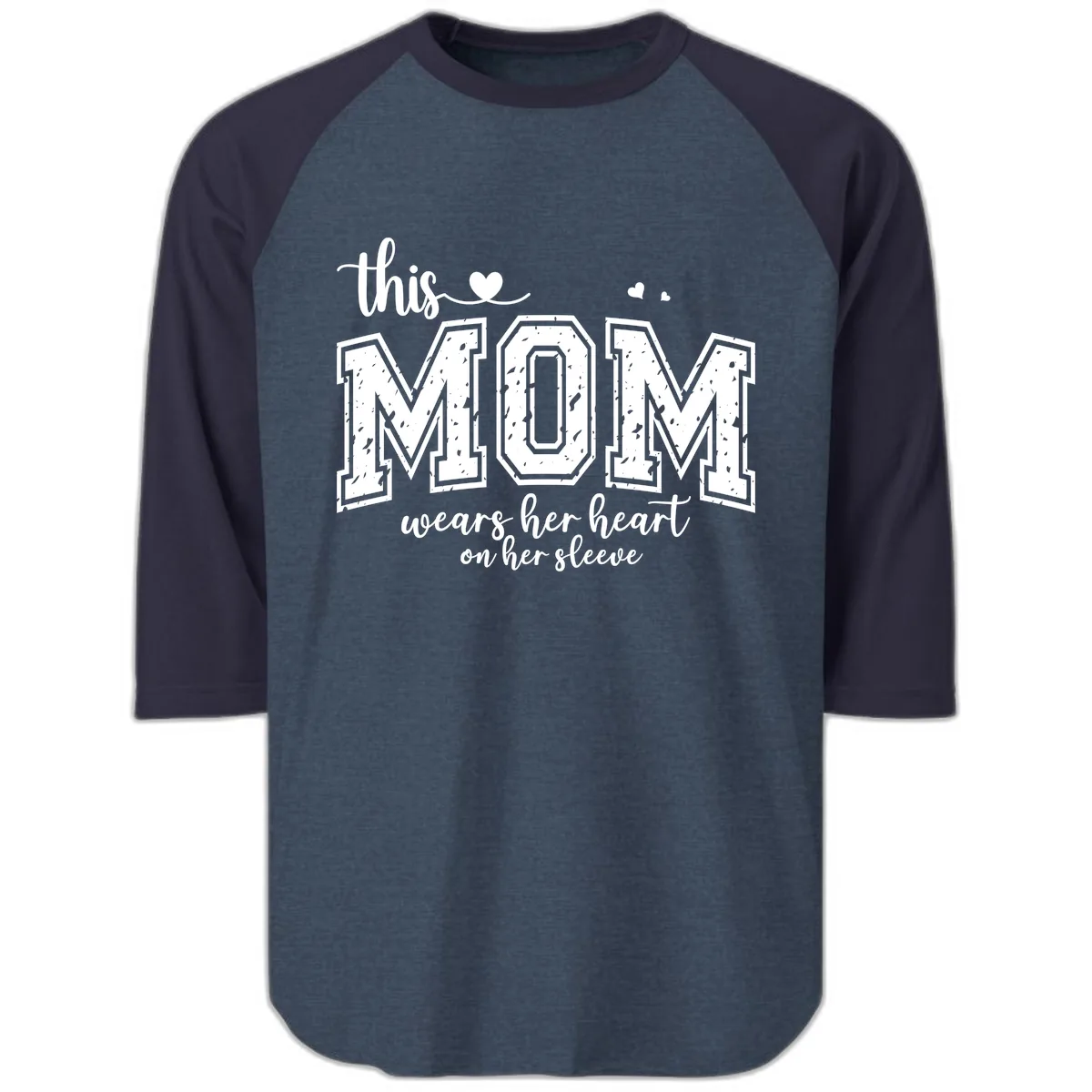This Mom Wears Her Heart On Her Sleeve Raglan 3/4 in Heather Denim Navy