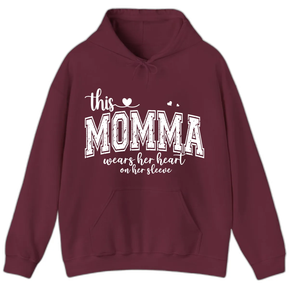 This Momma Wears Her Heart On Her Sleeve Hoodie in Maroon