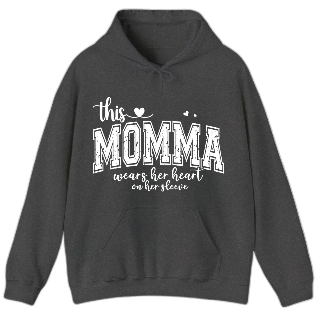 This Momma Wears Her Heart On Her Sleeve Hoodie in Dark Heather