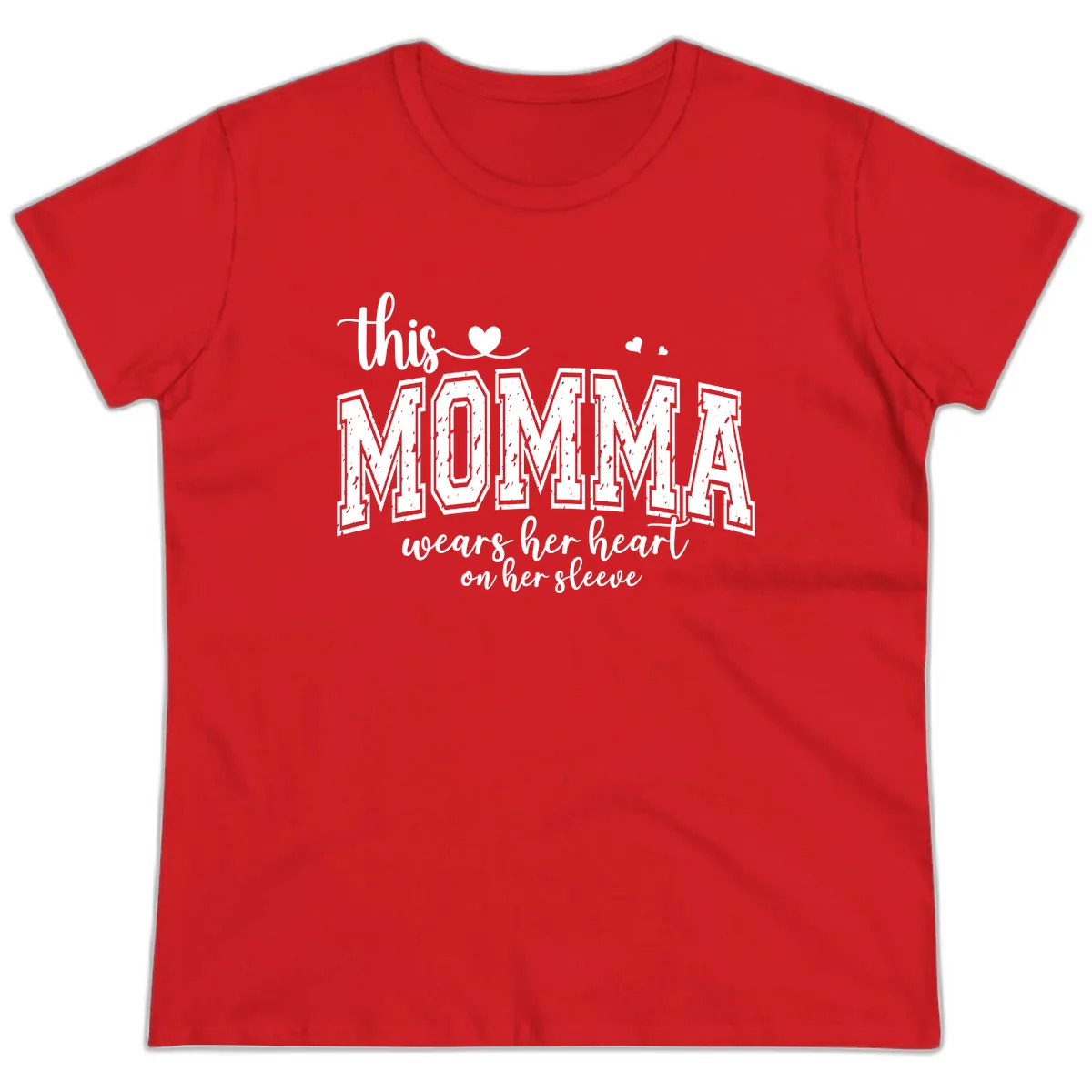 This Momma Wears Her Heart On Her Sleeve Ladies Tee in Red