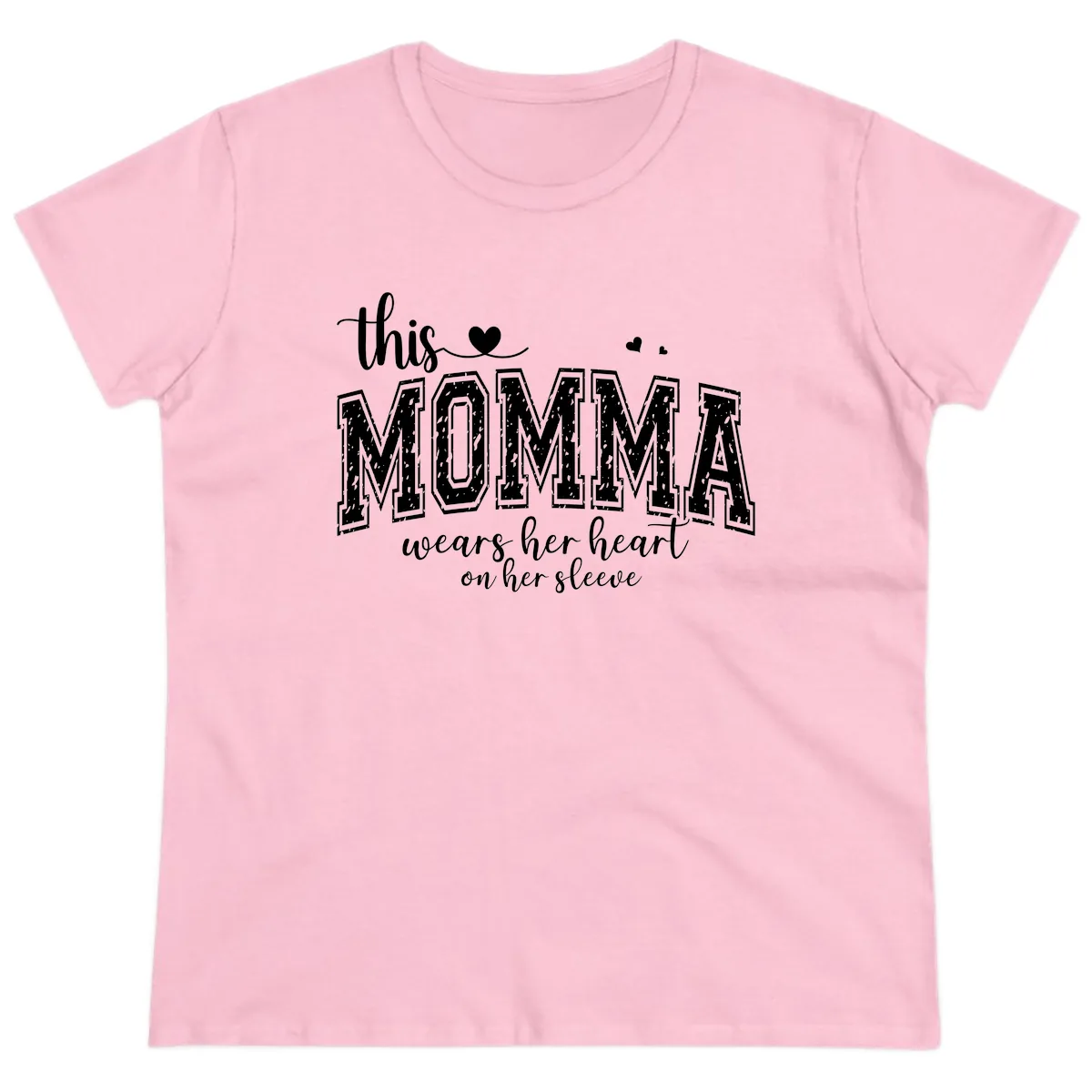 This Momma Wears Her Heart On Her Sleeve Ladies Tee in Light Pink
