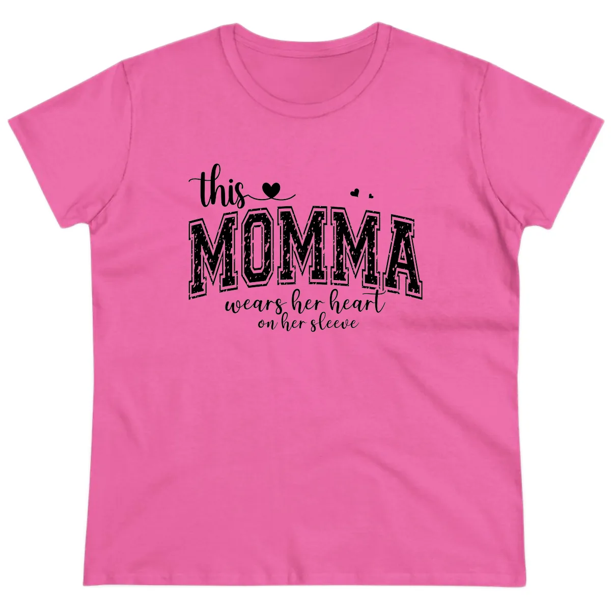 This Momma Wears Her Heart On Her Sleeve Ladies Tee in Azalea