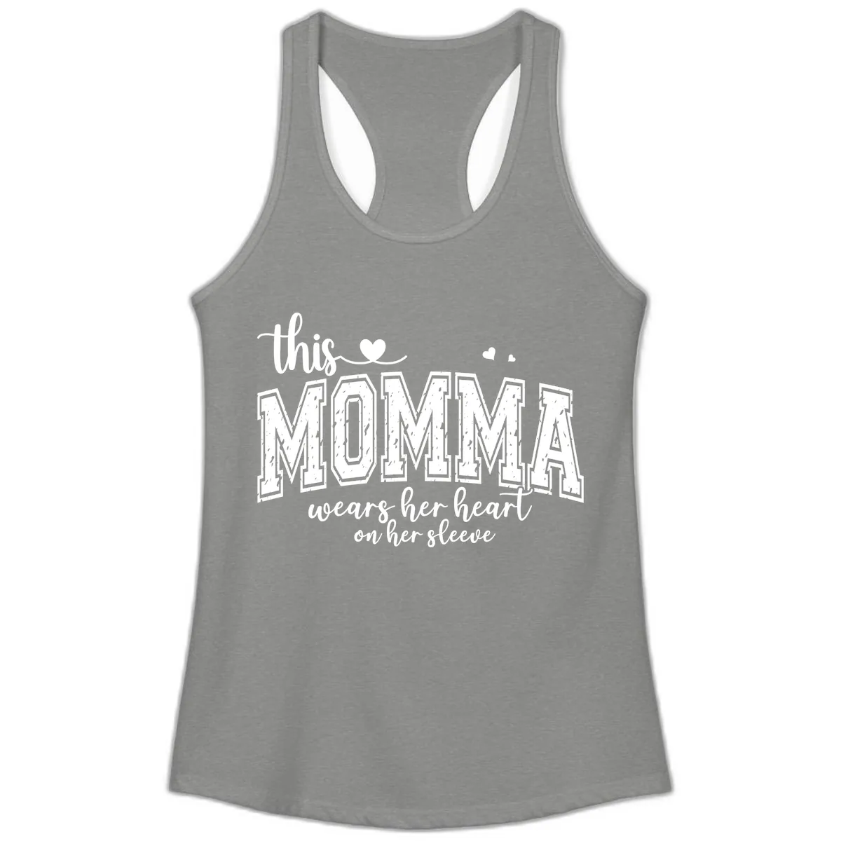 This Momma Wears Her Heart On Her Sleeve Ladies Tank in Heather Grey