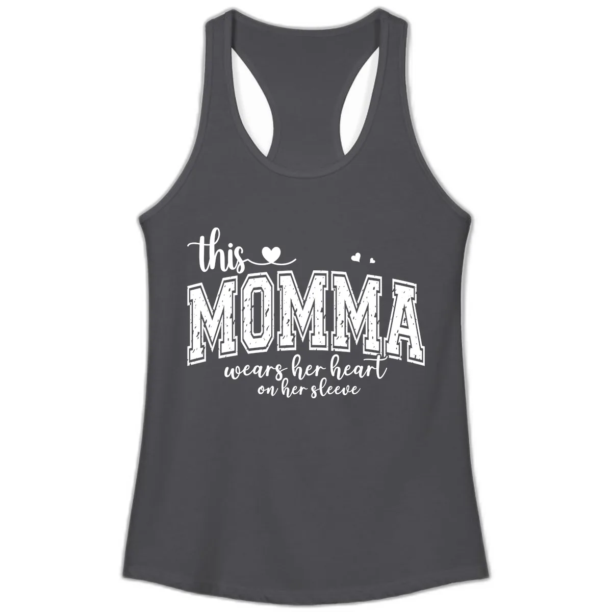This Momma Wears Her Heart On Her Sleeve Ladies Tank in Solid Dark Gray
