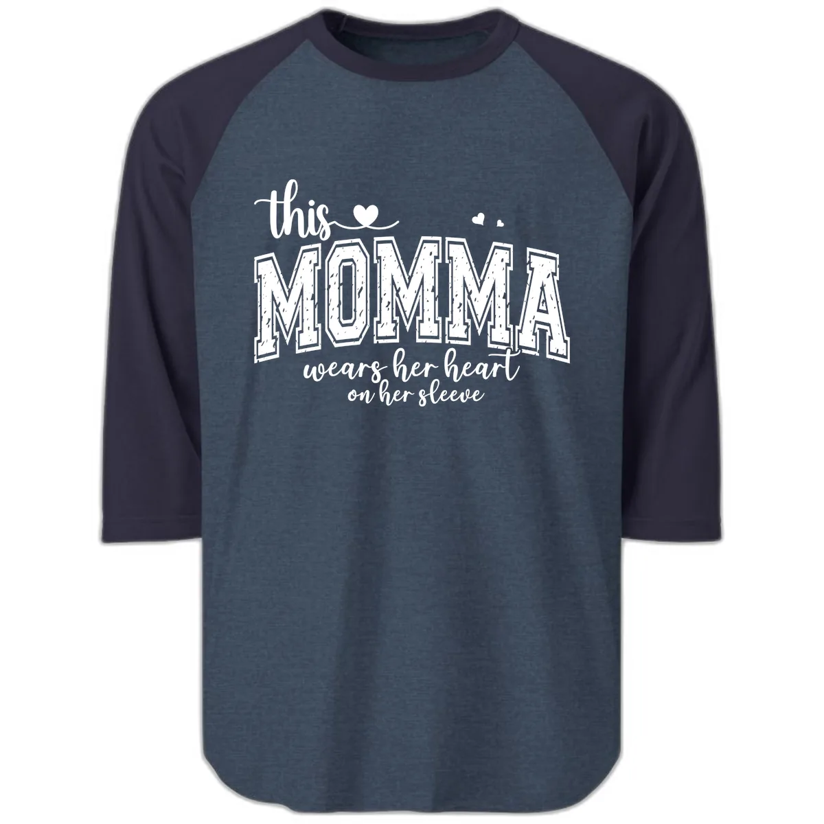 This Momma Wears Her Heart On Her Sleeve Raglan 3/4 in Heather Denim Navy