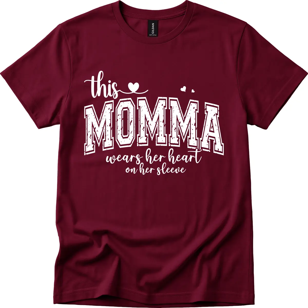 This Momma Wears Her Heart On Her Sleeve T-Shirt in Maroon