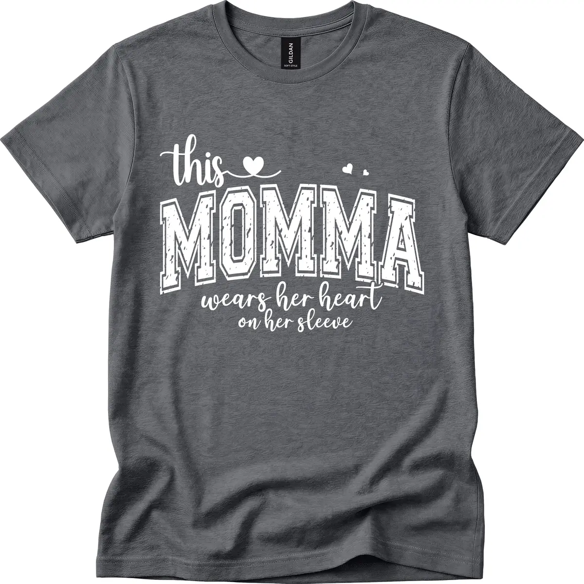This Momma Wears Her Heart On Her Sleeve T-Shirt in Dark Heather