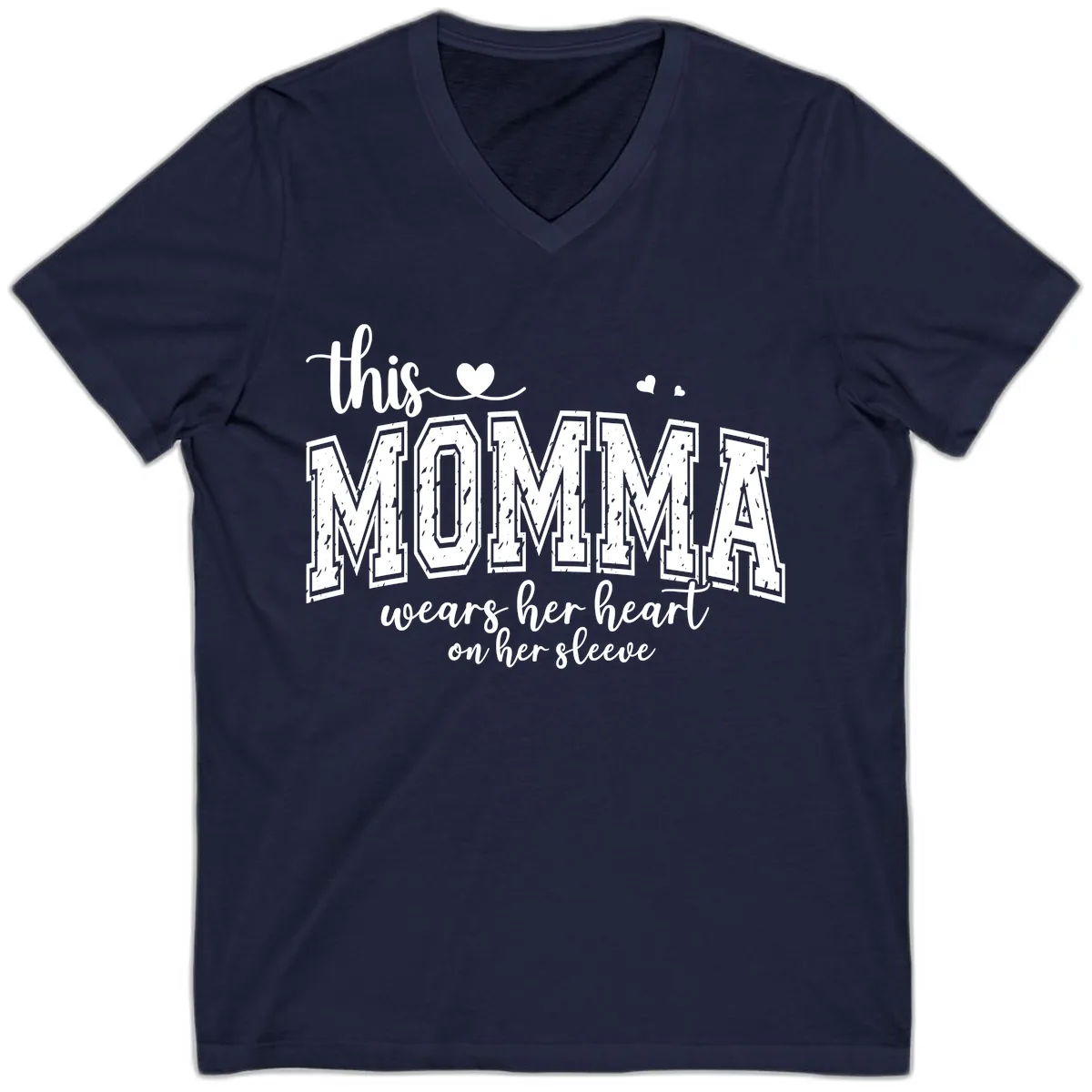 This Momma Wears Her Heart On Her Sleeve V-Neck in Navy