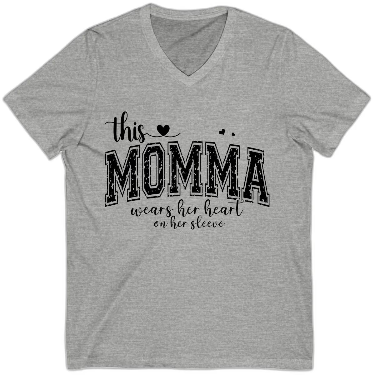 This Momma Wears Her Heart On Her Sleeve V-Neck in Athletic Heather