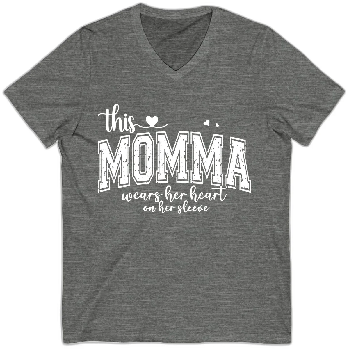 This Momma Wears Her Heart On Her Sleeve V-Neck in Deep Heather
