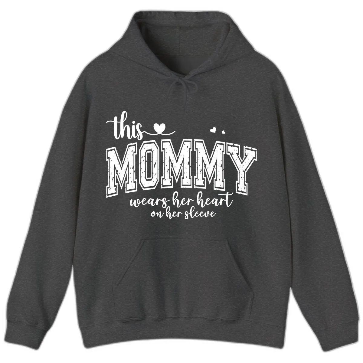 This Mommy Wears Her Heart On Her Sleeve Hoodie in Dark Heather