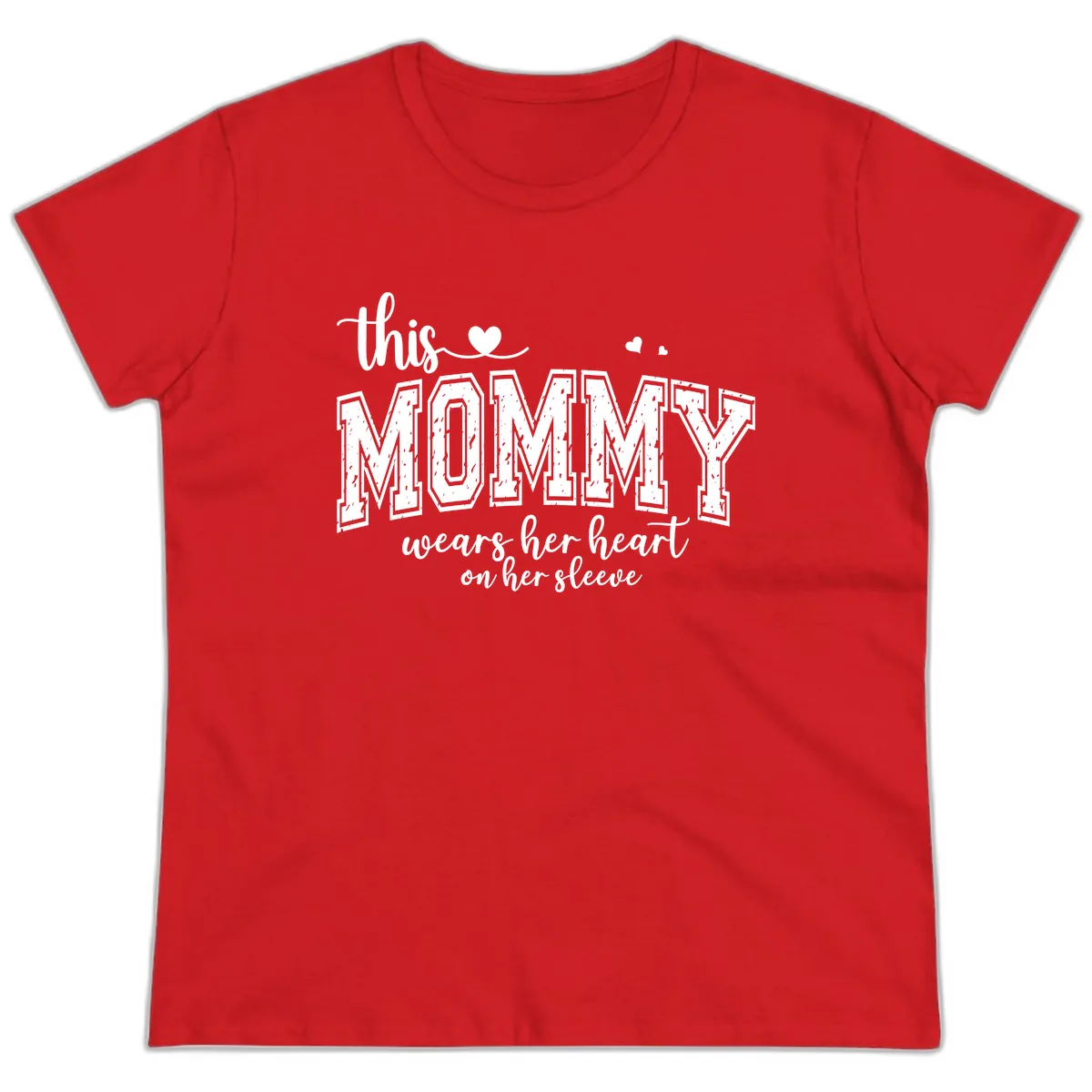 This Mommy Wears Her Heart On Her Sleeve Ladies Tee in Red