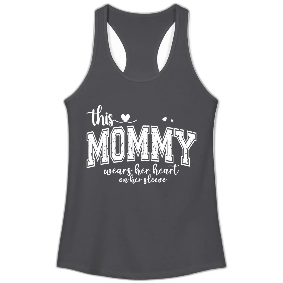This Mommy Wears Her Heart On Her Sleeve Ladies Tank in Solid Dark Gray