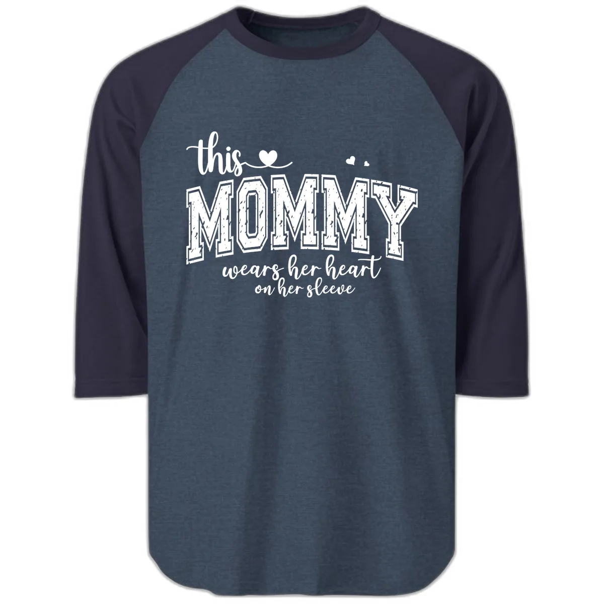 This Mommy Wears Her Heart On Her Sleeve Raglan 3/4 in Heather Denim Navy