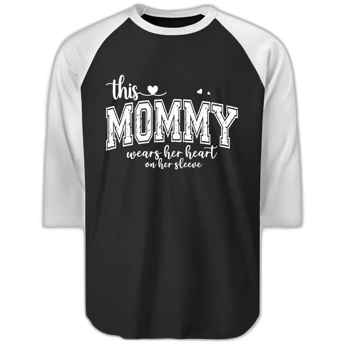 This Mommy Wears Her Heart On Her Sleeve Raglan 3/4 in Black White