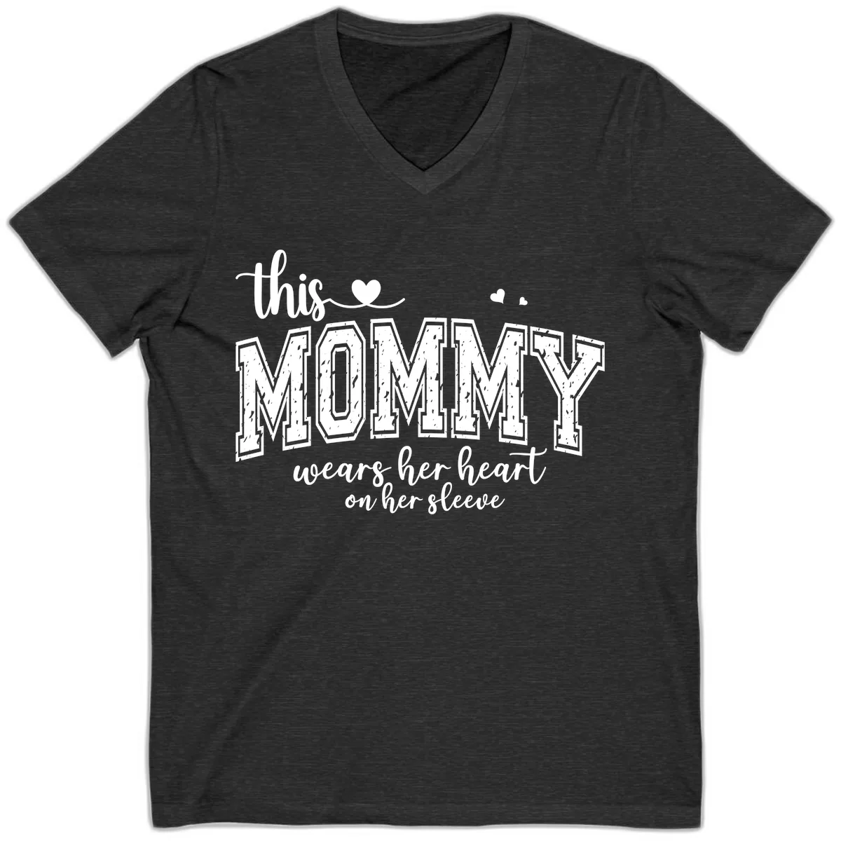 This Mommy Wears Her Heart On Her Sleeve V-Neck in Dark Grey Heather