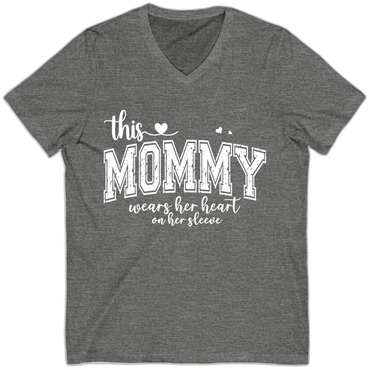 This Mommy Wears Her Heart On Her Sleeve V-Neck in Deep Heather