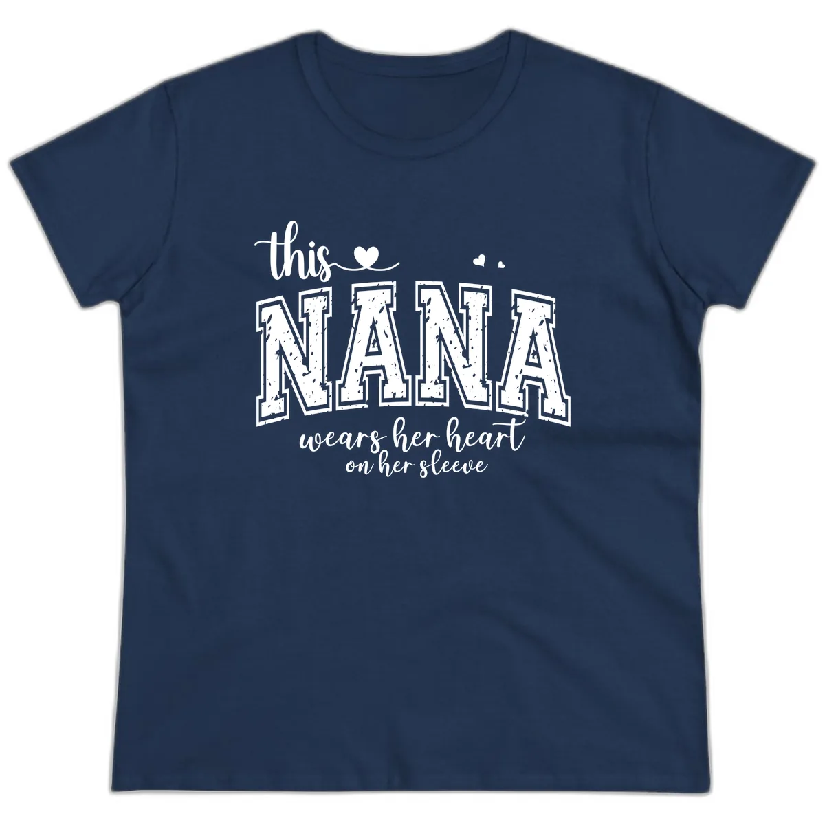 This Nana Wears Her Heart On Her Sleeve Ladies Tee in Navy