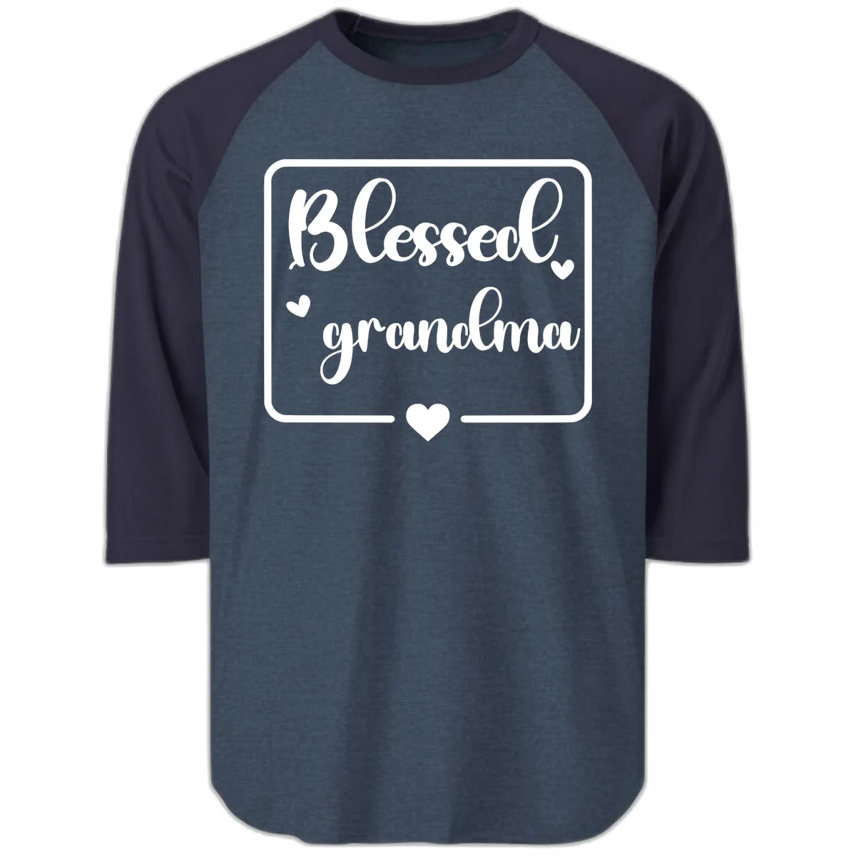 Blessed Grandma Script Design Raglan 3/4 in Heather Denim Navy