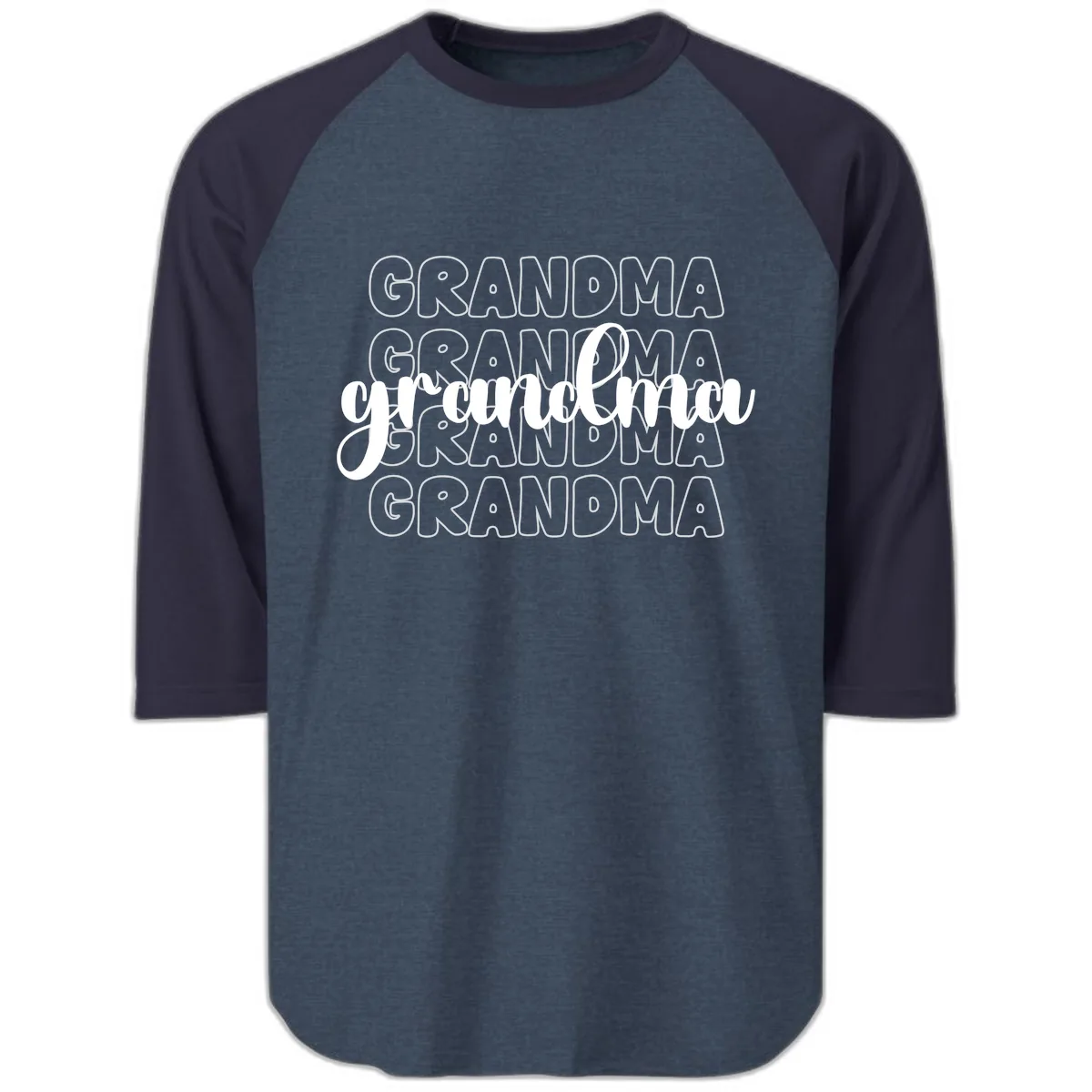 Grandma Repeating Text Design Raglan 3/4 in Heather Denim Navy