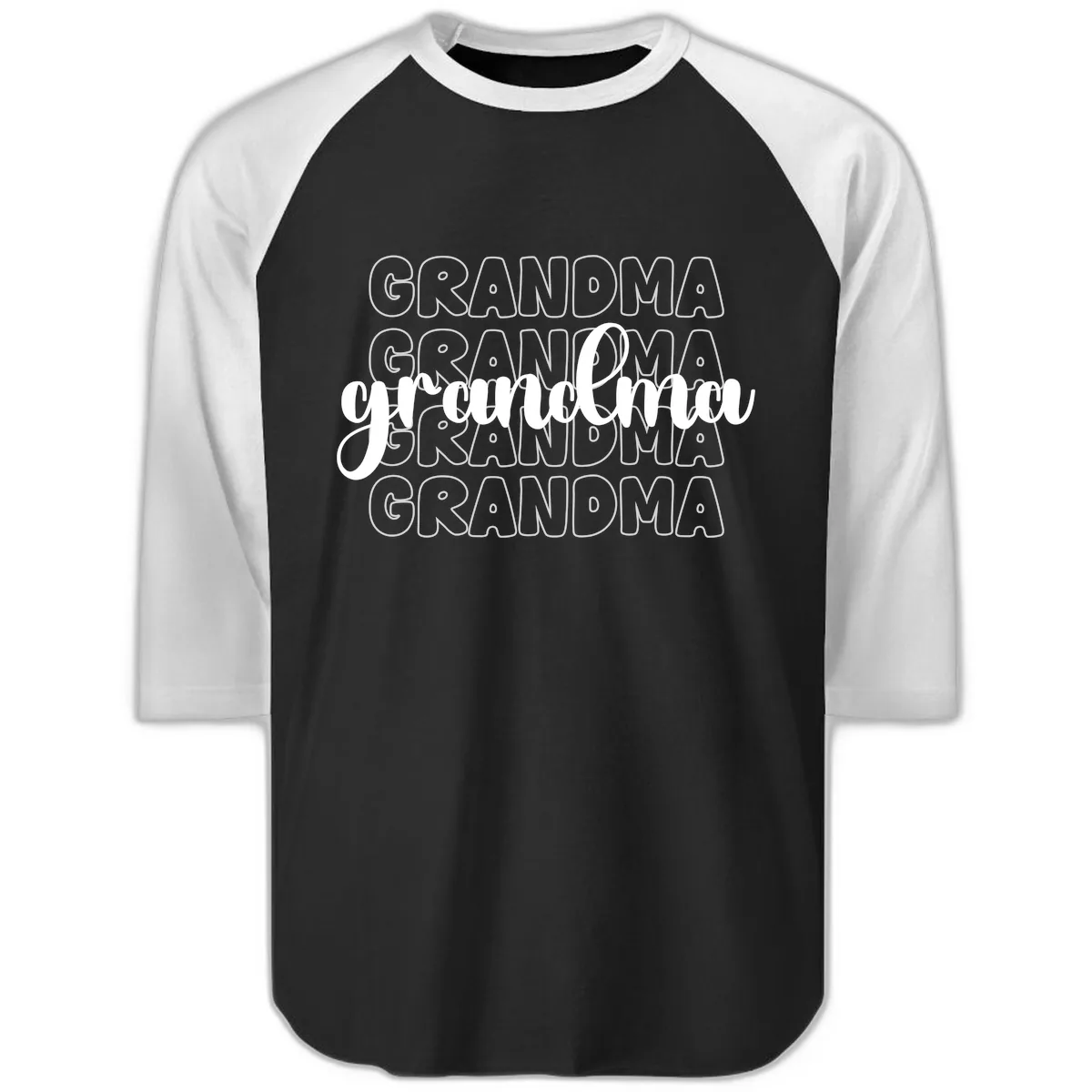 Grandma Repeating Text Design Raglan 3/4 in Black White