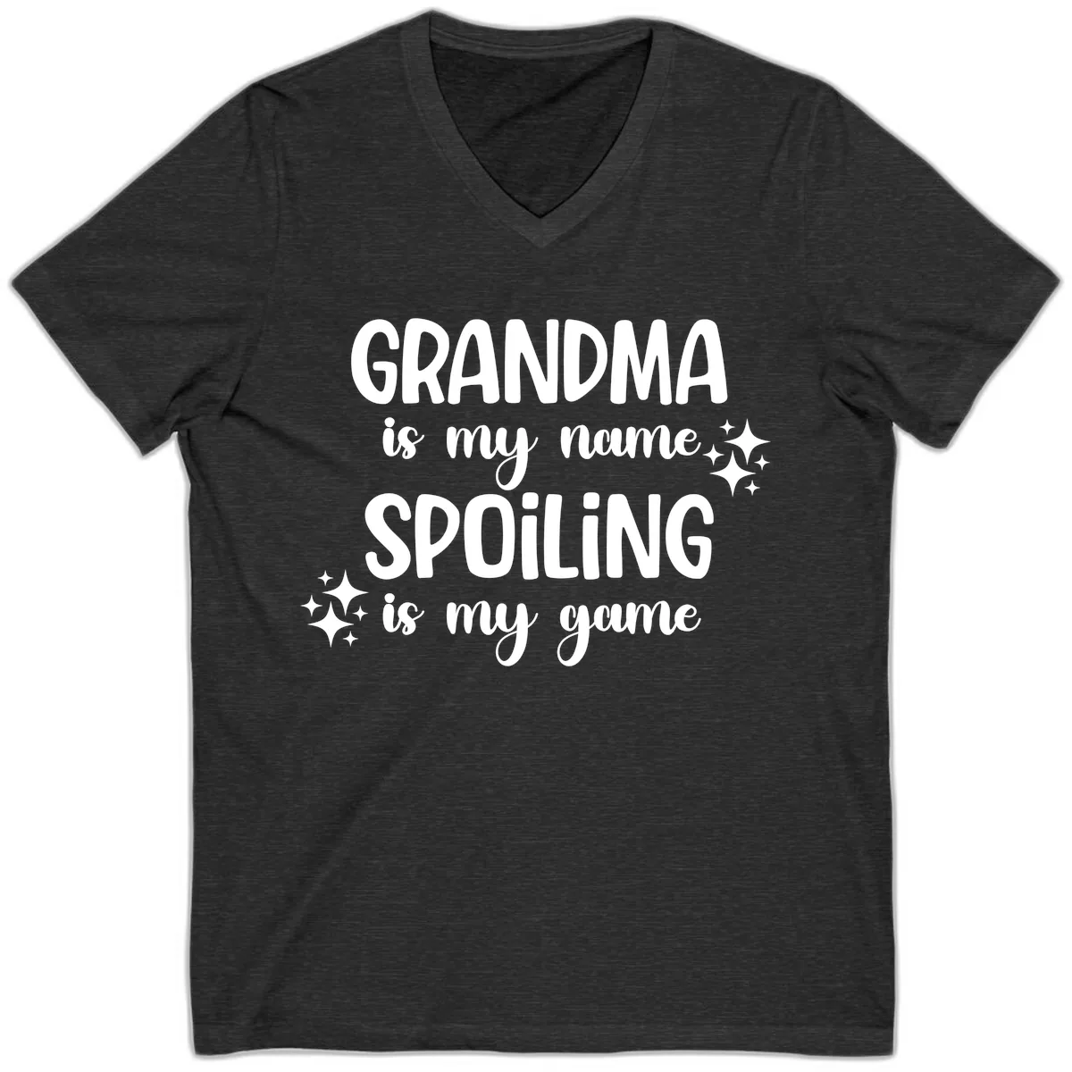 Grandma Is My Name Spoiling Is My Game V-Neck in Dark Grey Heather