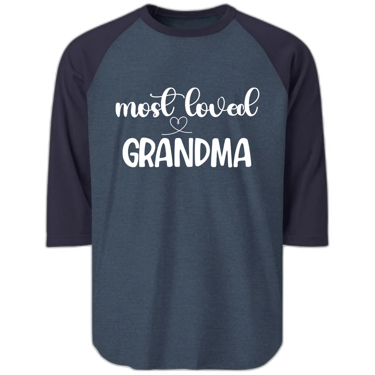 Most Loved Grandma Typography Design Raglan 3/4 in Heather Denim Navy