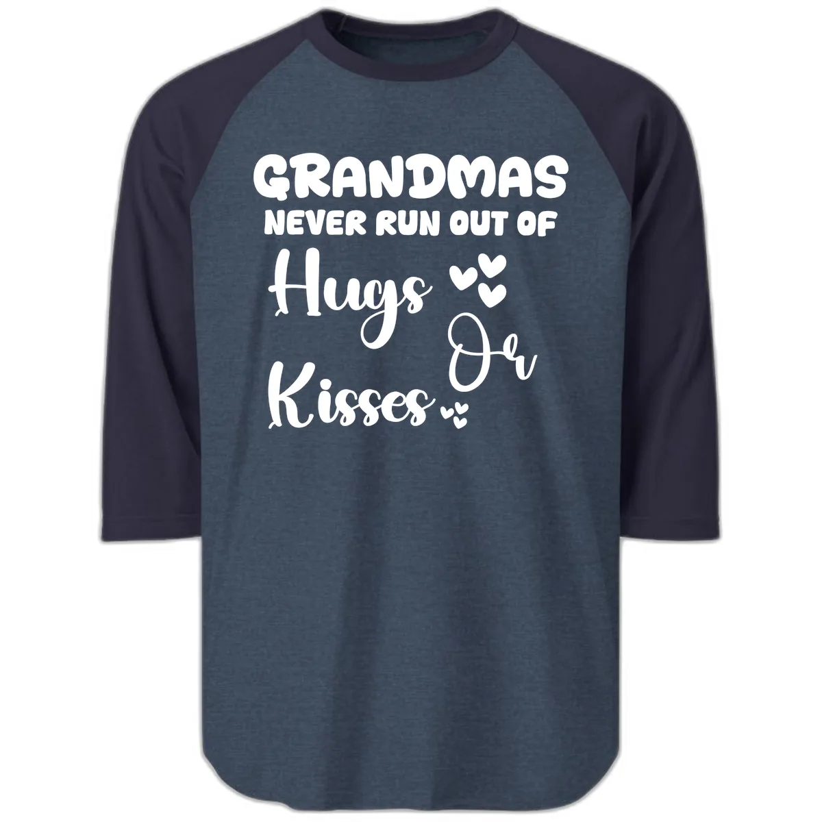 Grandmas Never Run Out Of Hugs Raglan 3/4 in Heather Denim Navy