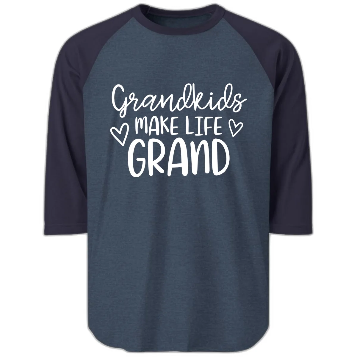 Grandkids Make Life Grand Typography Raglan 3/4 in Heather Denim Navy