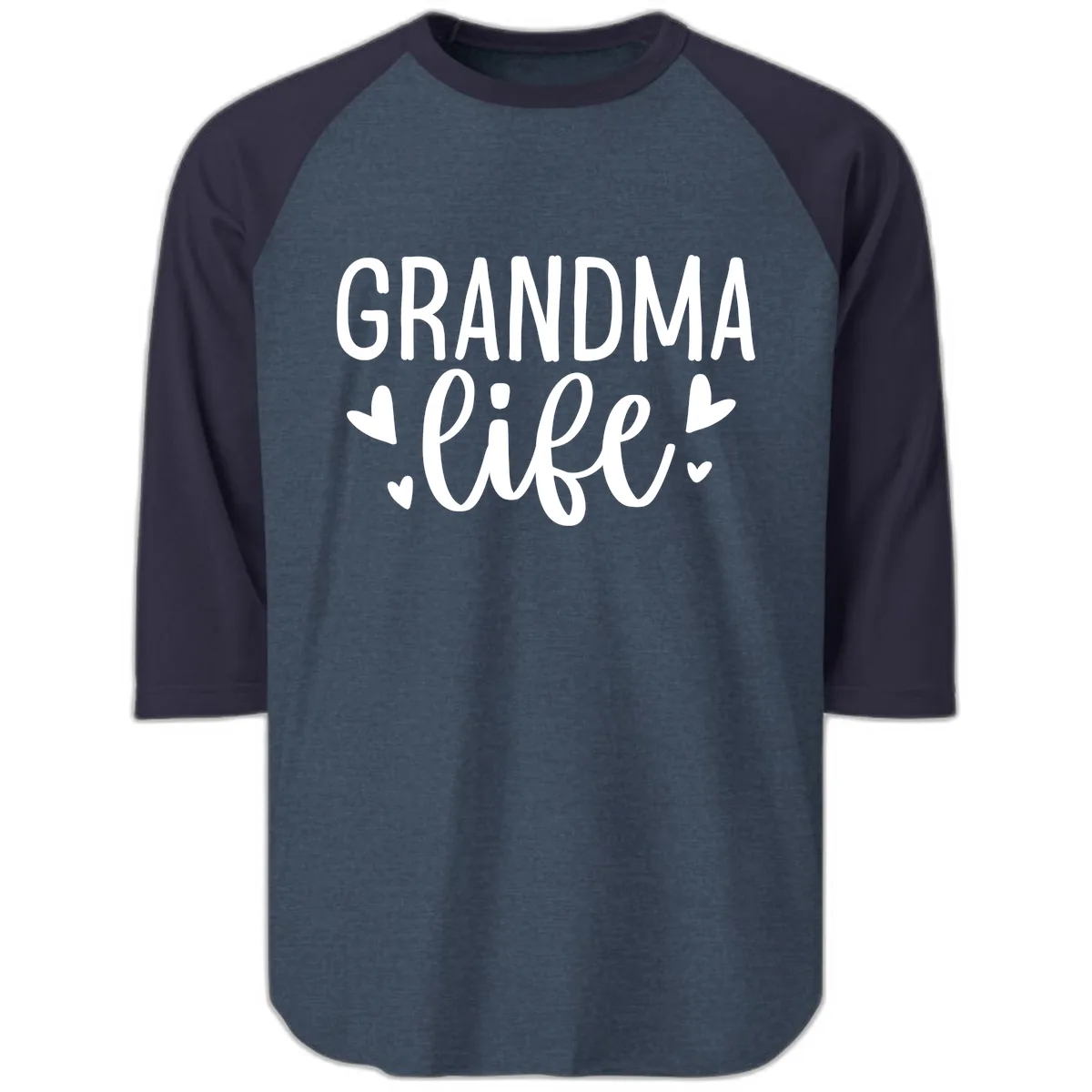 Grandma Life Heart Graphic Raglan 3/4 in Heather Denim Navy