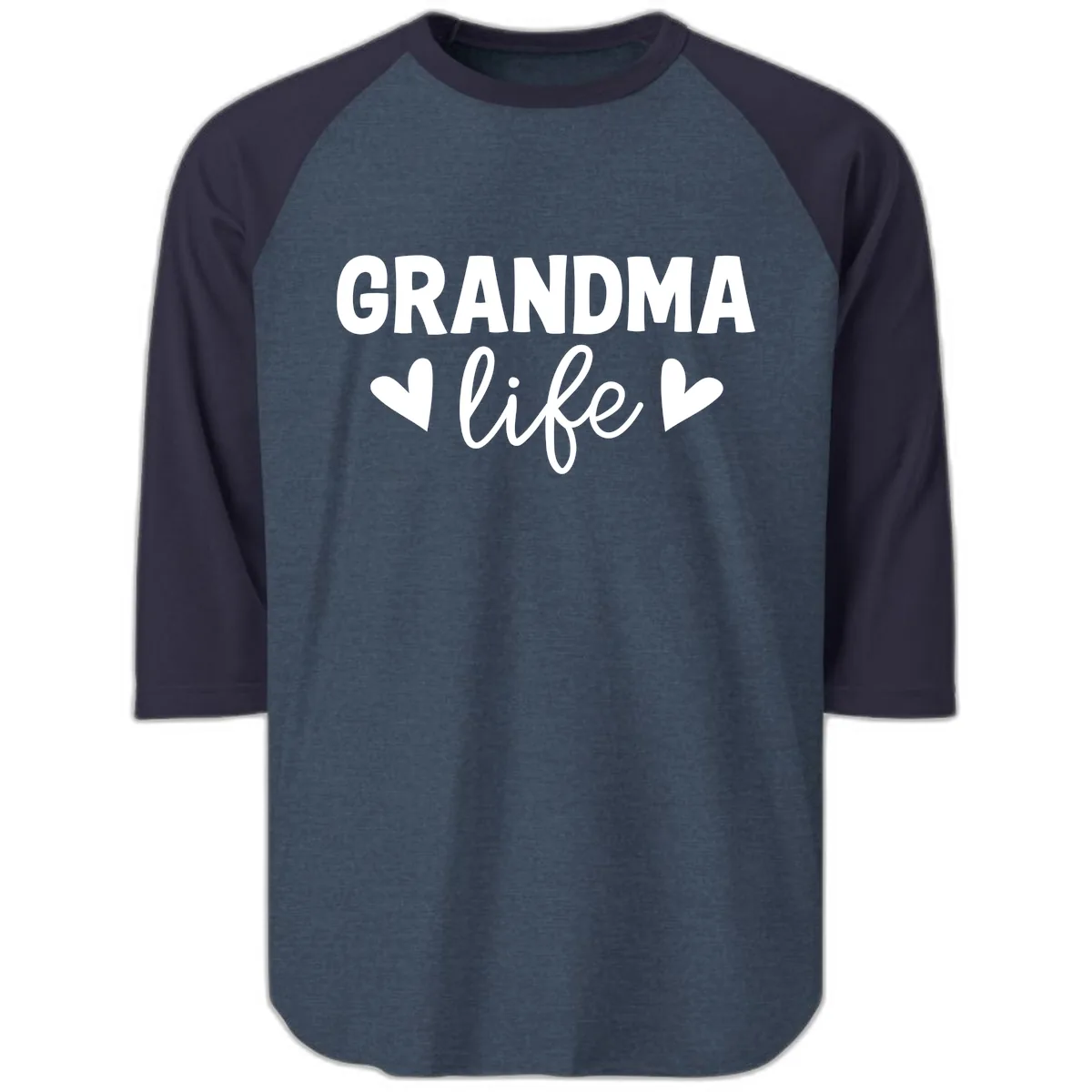 Grandma Life Typography Design Raglan 3/4 in Heather Denim Navy
