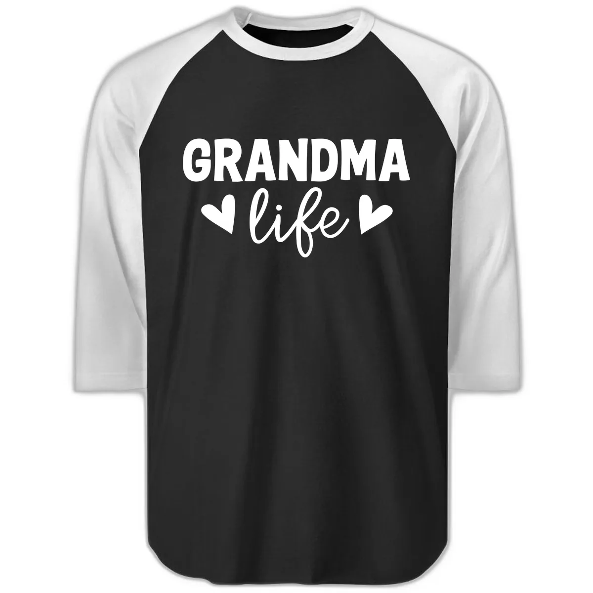 Grandma Life Typography Design Raglan 3/4 in Black White