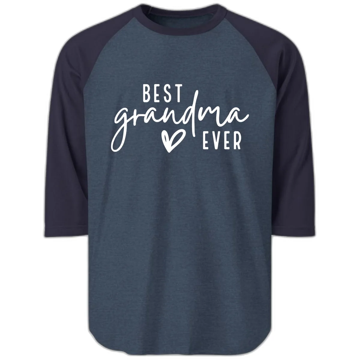 Best Grandma Ever Typography Design Raglan 3/4 in Heather Denim Navy