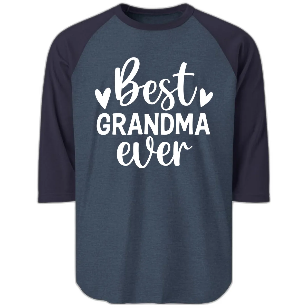 Best Grandma Ever Typography Design Raglan 3/4 in Heather Denim Navy